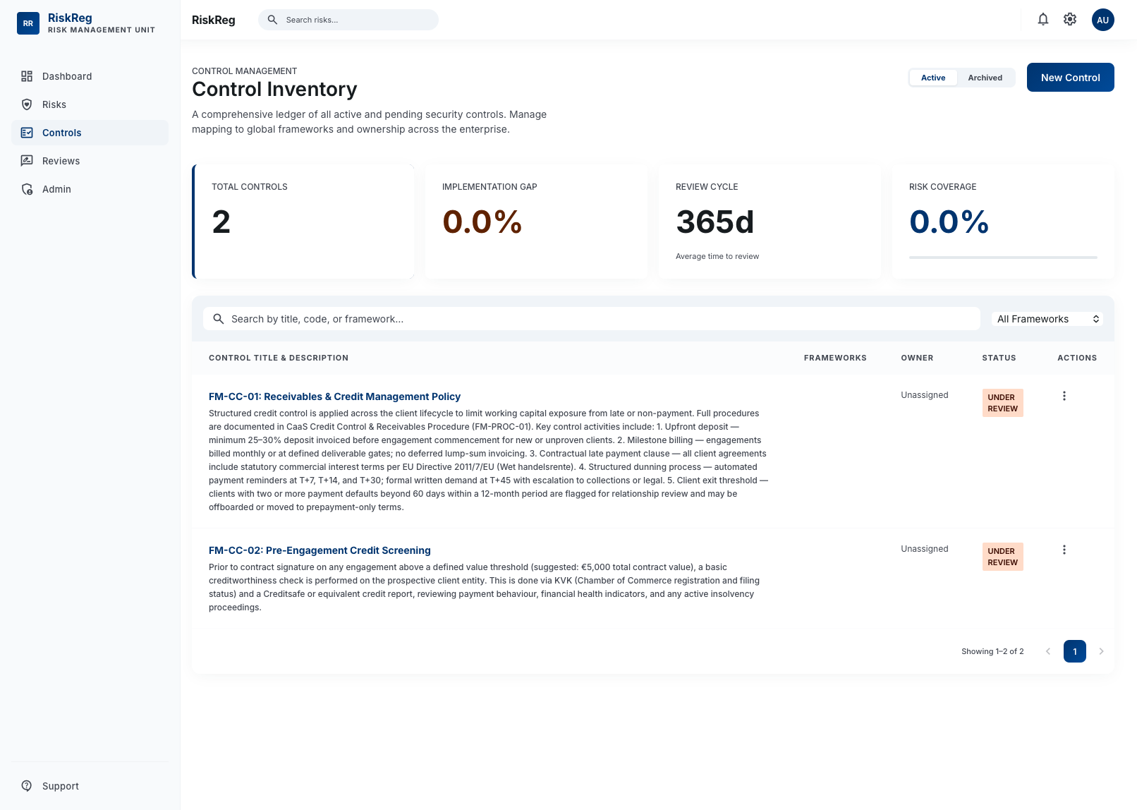 Control library with framework mappings, summary cards, and status tracking