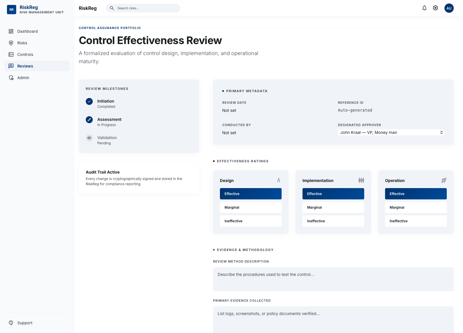 Effectiveness review with design, implementation, and operational ratings