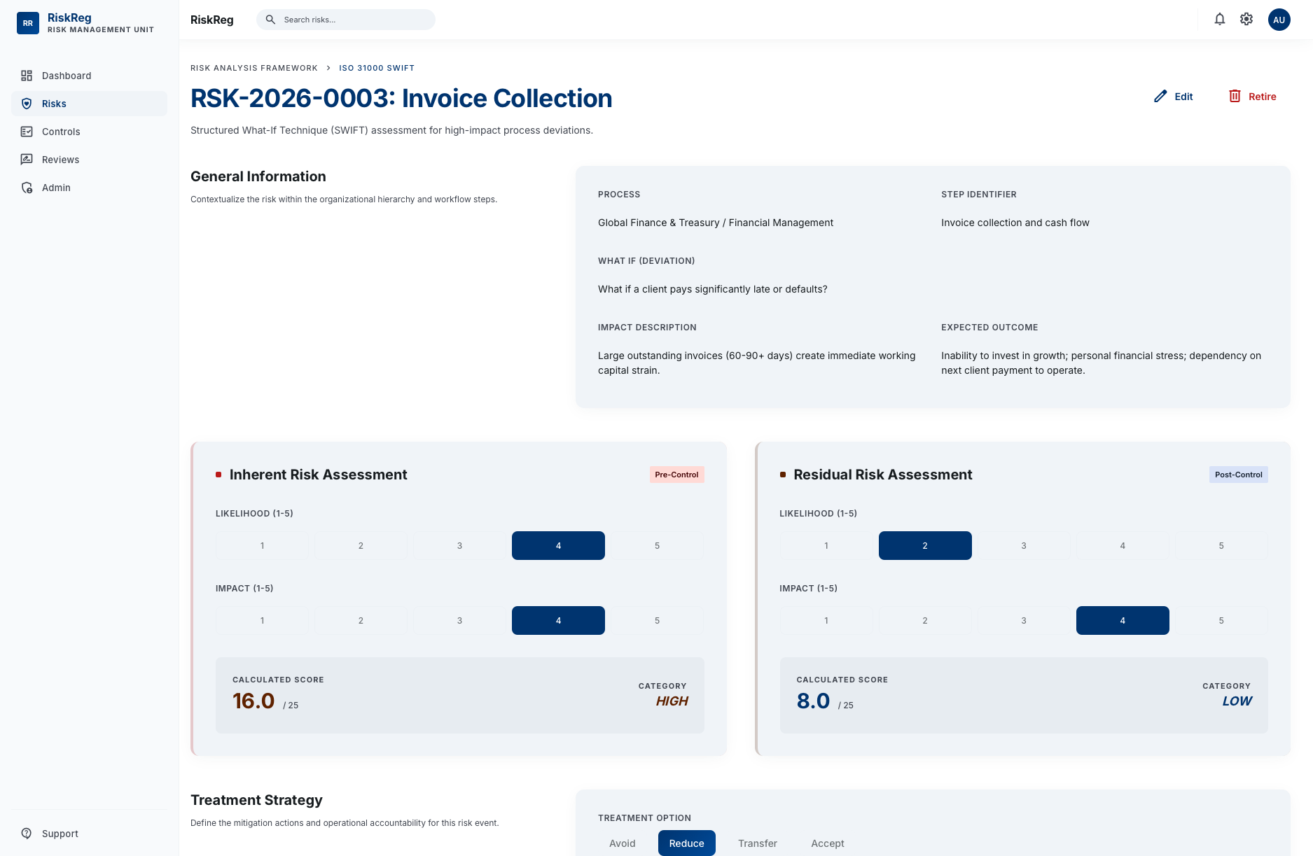 Risk detail page with SWIFT assessment, inherent and residual scoring, and linked controls